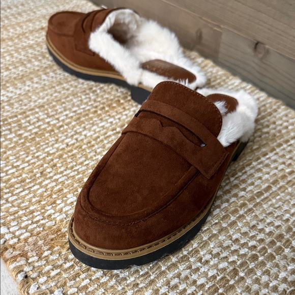 Taryn Rose Dora Brown Suede Fur-Lined Mules, NWT - Picture 5 of 7